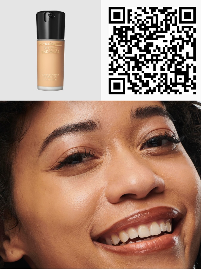 QR code and model's face for STUDIO RADIANCE SERUM-POWERED™ FOUNDATION.
